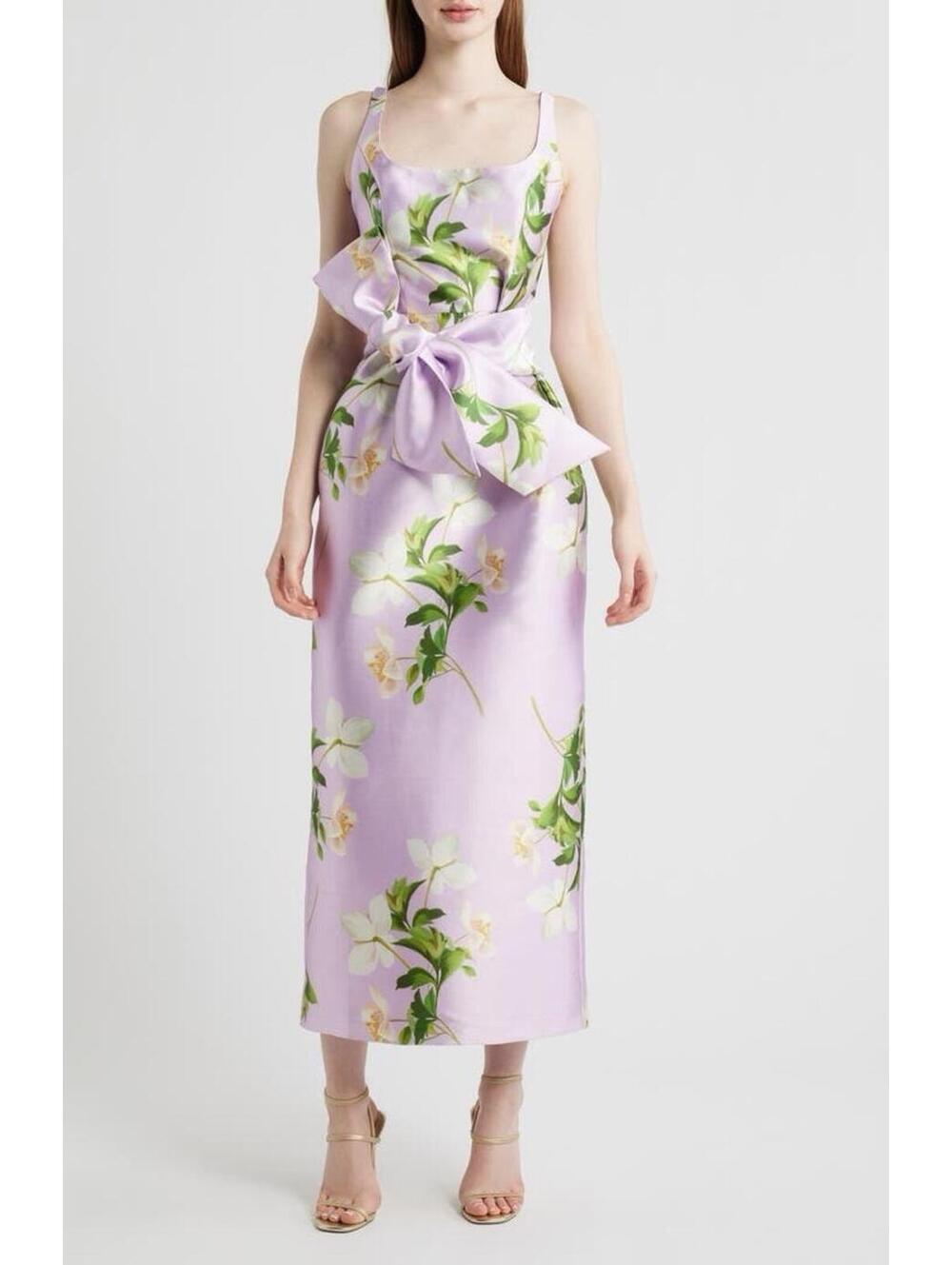 New Julia Jordan Floral Print Sleeveless Satin Midi Dress In Lavender Multi Sz 6